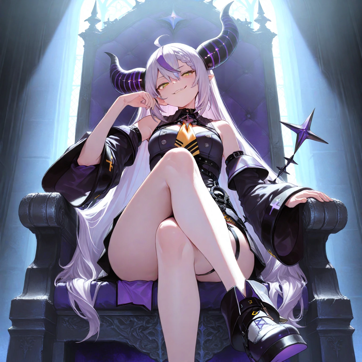 (Best Quality, 8k, Masterpiece: 1.4)), Full Body, Focus Clear: 1.2, vampire maid girl with white horns, long pink hair and black eyes with a fitness body and large dark-skinned breasts with golden high heels wearing a gold necklace and gold earrings with a bikini with black tights and wearing a purple coat with fur white on the collar and another demon girl with white hair and yellow eyes with a curvy body wearing a golden open coat and white pants with golden horns and a white cape, both sitting on a throne with a dark castle in the background on a dark night with an eclipse and both with an evil look thirsty for blood, final details, (stars), (Higly detailed), (capa preta e dourada), (2 girls), (hand detailed)