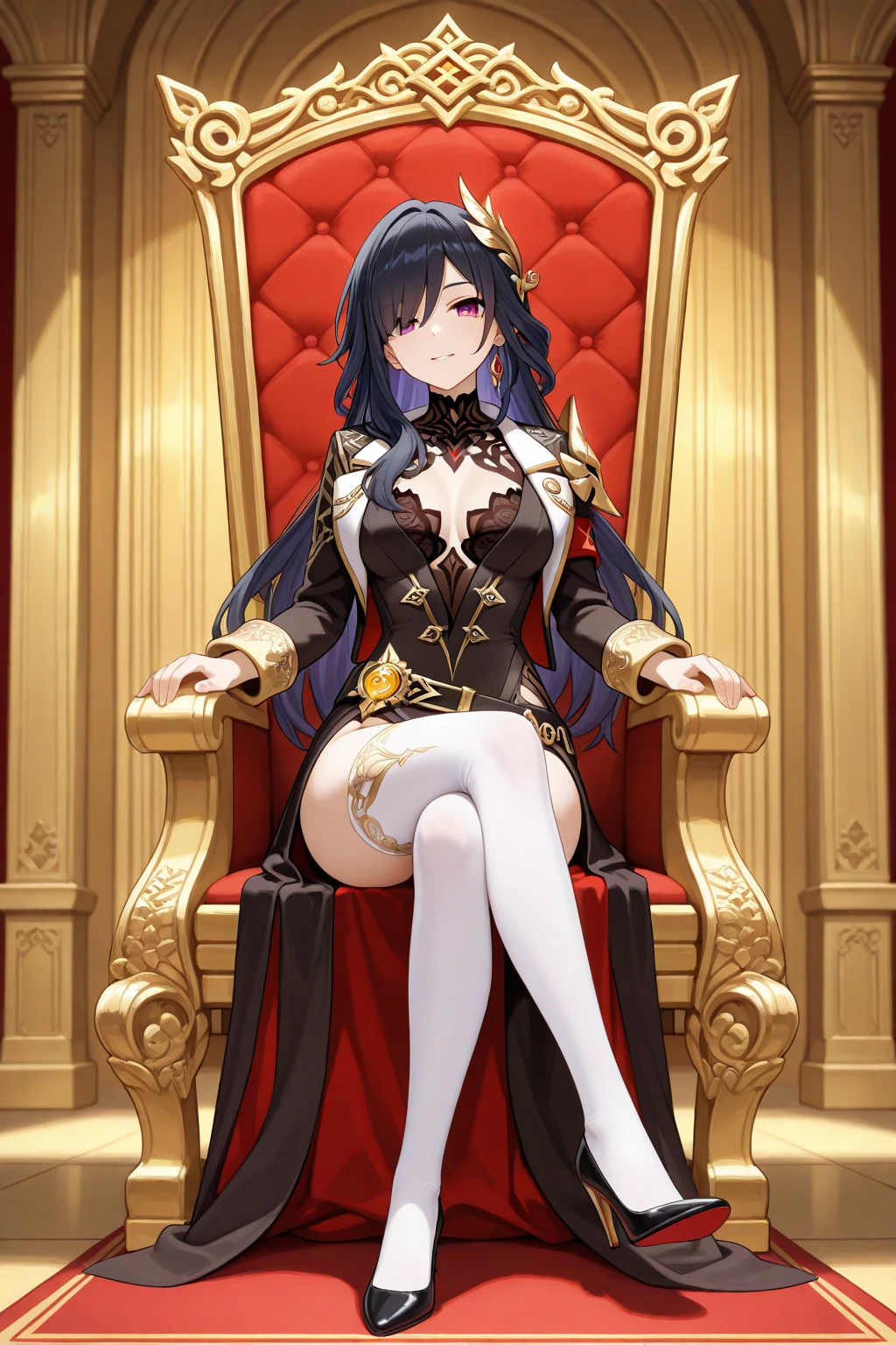 Solo，Lady sitting，(gigantic breasts:1.5)，Grim expression，Long black hair，Black colored eyes，Black pantyhose，Oily stockings，No shoes，Black royal robes，sitting on an royal throne，Below the eyelids，Bottom-up view，royal palace interior，Feet on the white carpet