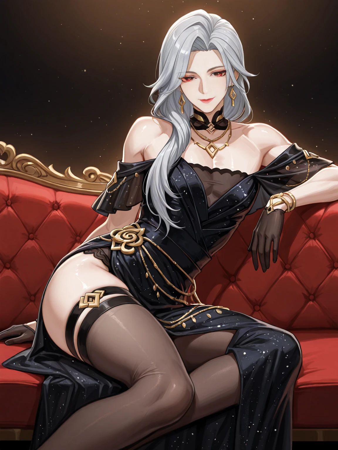 Beautiful woman, lying on sofa, transparent black body stocking suit, delicate high-end lace, European style, delicate illustration, high quality, high quality