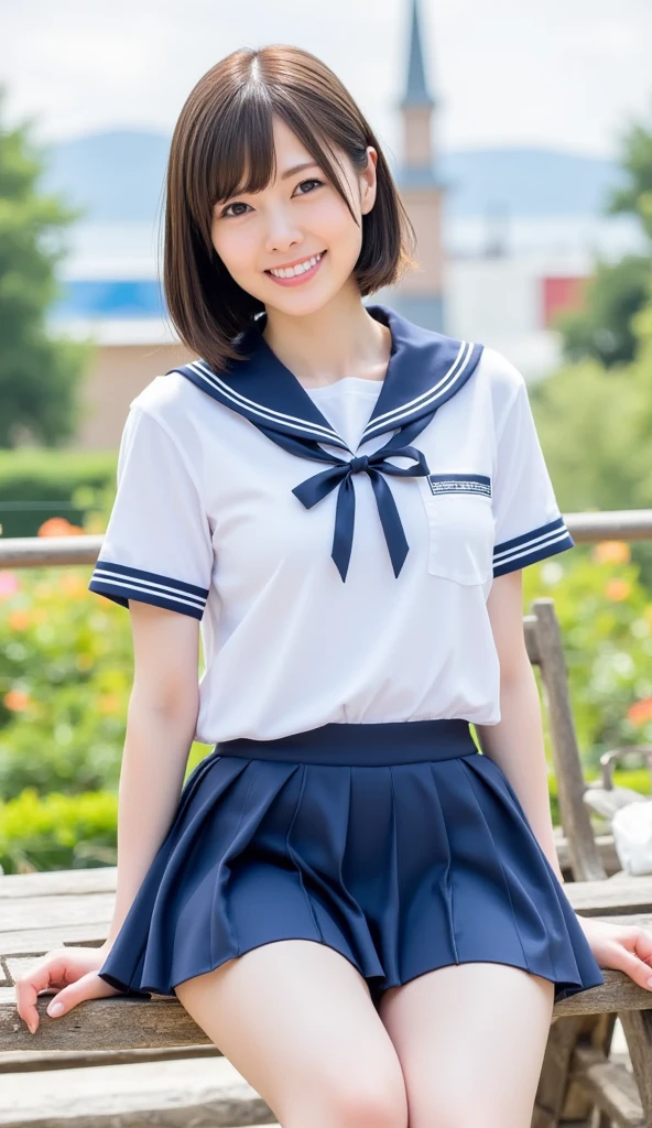Photo of a 6-year-old Japanese girl in 。The girl has straight black hair、With bangs、eyes are big and black。She wears a blue sailor suit、Features a white collar and red trim。The background is a roadside in nature、The girl is sitting、She has a sweet look towards the camera。