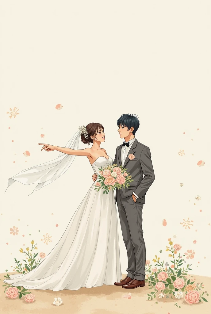 Painting of bride and groom in wedding dress, author:Uesaka Seka, author:Hiroshi Yamagata, author:Kiyochika Kobayashi, author:Iwao Takamoto, author:Yasutomo Oka, author:Nobusada Yanagawa, author:Tsuguharu Foujita, author:Nanmi Morikage, author:Yasutomo Oka