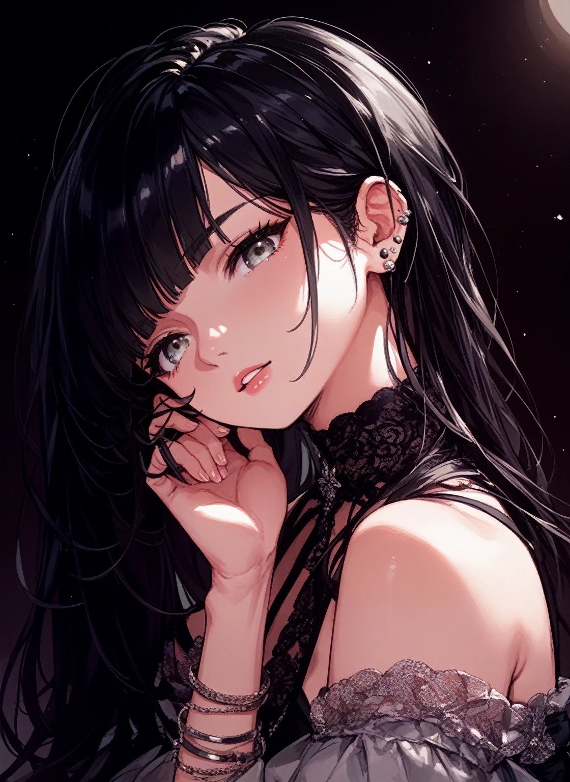 Description: black background, (background details), high contrast, very beautiful woman, detailed original illustration, functional, Kunoichi, ninja costume, black hair, delicate face, charm, bad girl, sexy, real breasts, small breasts crazy smile, crazy eyes, black background, (black background:1.4) monochrome, black and white painting