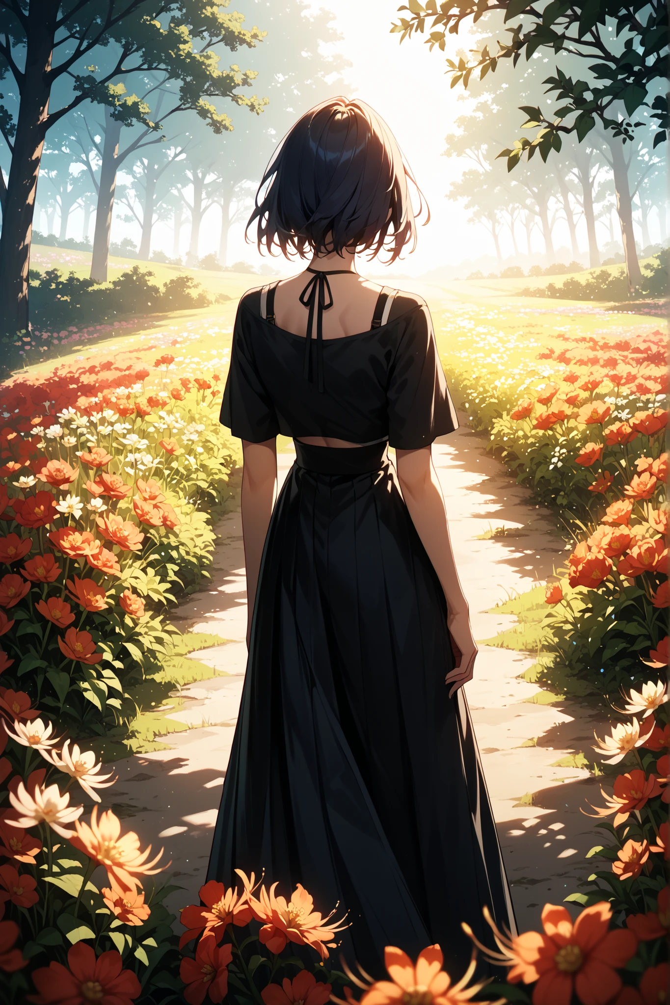 masterpiece, top quality, Lower body that can be seen through a long skirt, melew, Flower field, Backlight effect, silhouette, romantic, anime style, high res, Delicate Details、