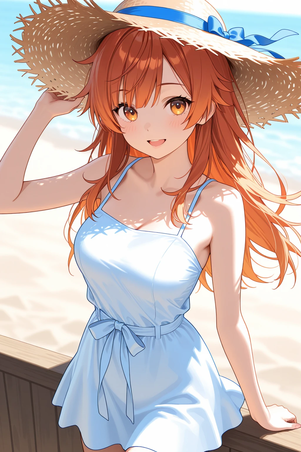 1girl, orange_hair, nami_(one_piece), solo, earrings, jewelry, long_hair, fruit, food, looking_at_viewer, upper_body, orange_(fruit), breasts, leaf, sleeveless, closed_mouth, tank_top, brown_eyes, bare_shoulders, hair_ribbon, smile, bangs, outdoors, arms_behind_back, ribbon, ponytail