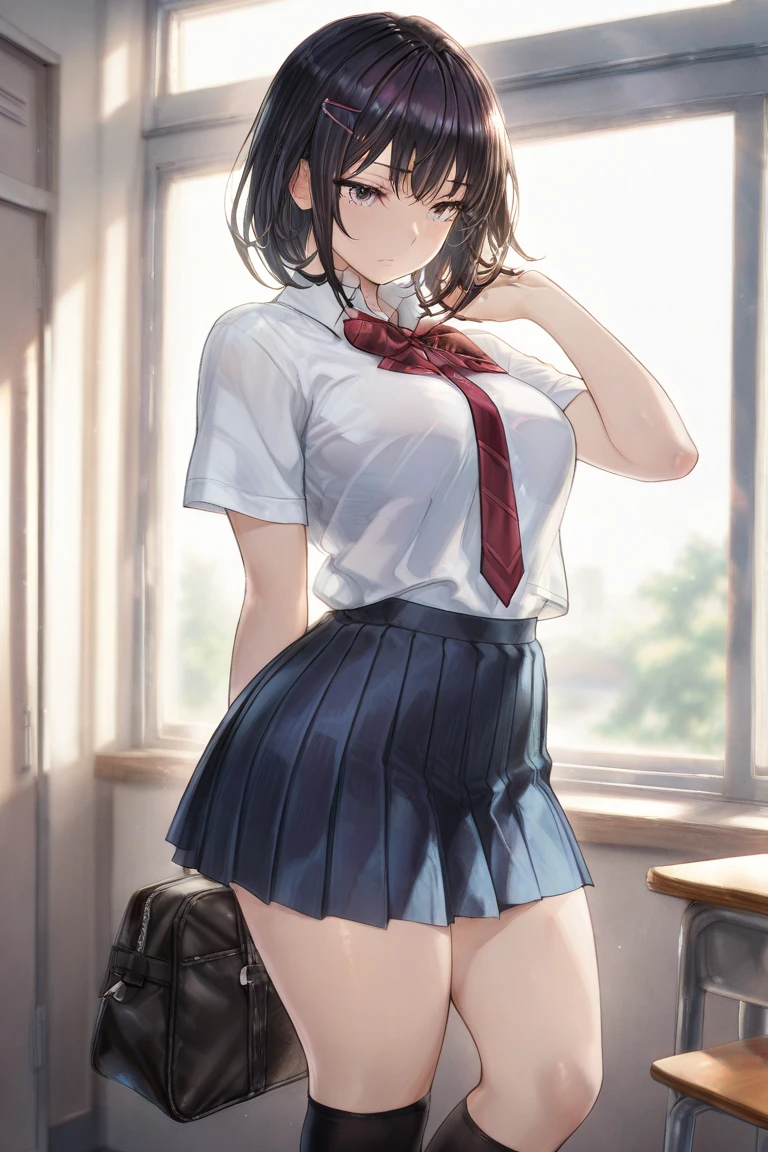 masterpiece、highest quality、1 girl、high school girl、18-year-old、Perfect Face、Shiny skin、Random Uniform、(Random Hairstyles)、Big eyes、tall)、Beautiful Hair、Beautiful Eyes、Perfect proportions、Beautiful thighs、Beautiful legs、Beautiful fingers、((High-quality fabric、brown knit vest、Short sleeve white collar shirt、Navy Pleated Skirt、A bow tie))、After school in the classroom、(smile)、(((((Skirt lift with both hands、Panties and pantyhose are visible)))))