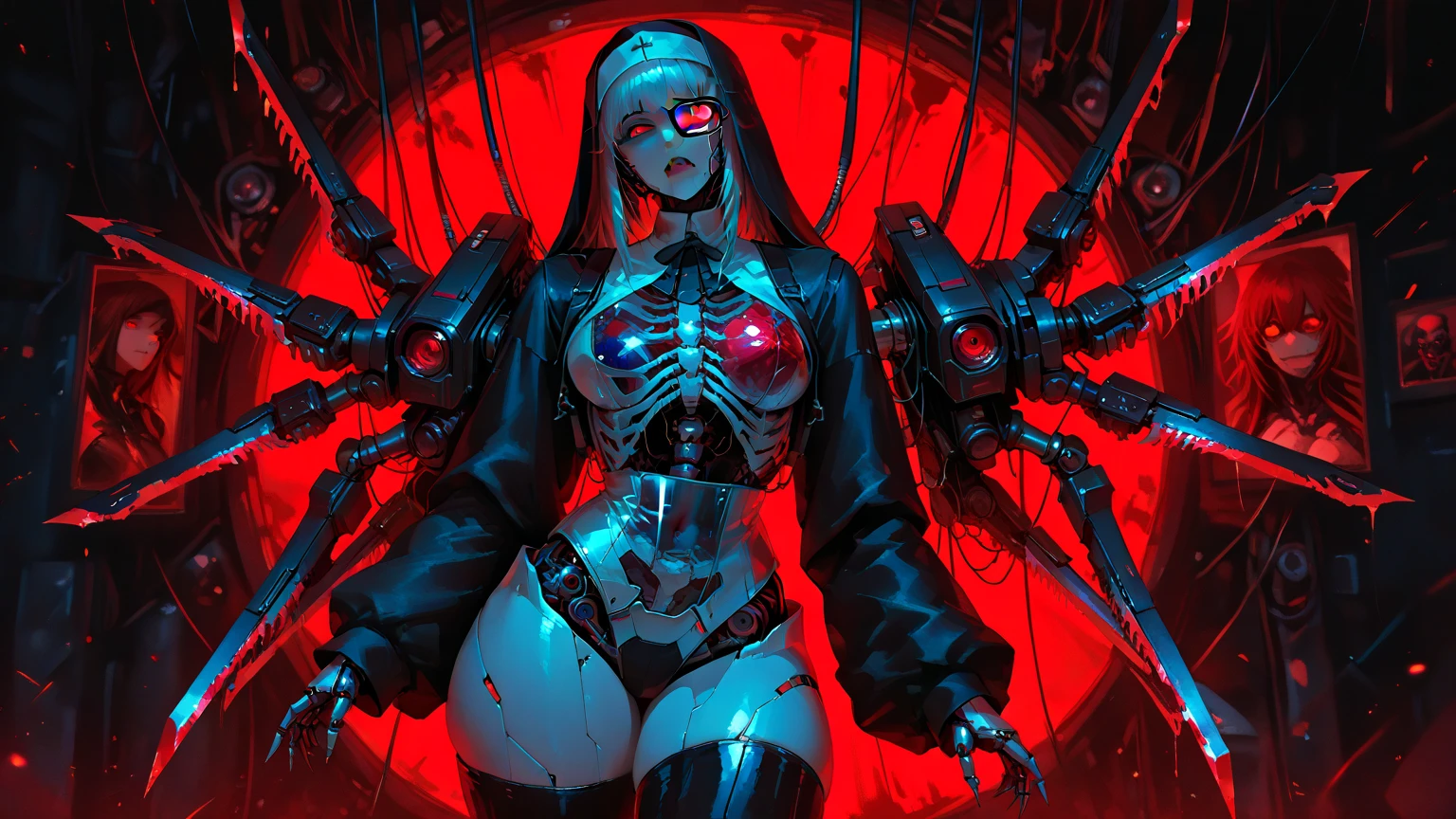 (((Masterpiece))), ((Best Quality)), (Super Detail), (CG Illustration), (Very Evil and Beautiful)), Cinematic Light, ((1 Mechanical Girl)), Single, (Mechanical Art: 1.4), ((Mechanical limb)), (Blood vessel attached to a tube), ((Mechanical spine attached to the back)), expressionless, ( Wires and cables attached to the head and body: 1.5), Science Fiction, Apocalypse, Ruins, (Lower Body Integrated with Mechanical Devices), (((Blood: 1.5))), Cruelty, Absurdity, Eroticism, Fusion with Machines, Doomsday Time, Super Future, Inorganic, Laboratory, Restraint, (Beautiful Indulgence: 1.2), (1 Girl: 1.3), Body Wrapped Around Mechanical Tentacles, ((big boobies)),straight black hair, big tits on focus, ((balck latex brassiere)), (((((wearing a VR Headsets))))), (((more blood))), (((photographed from FRONT)))