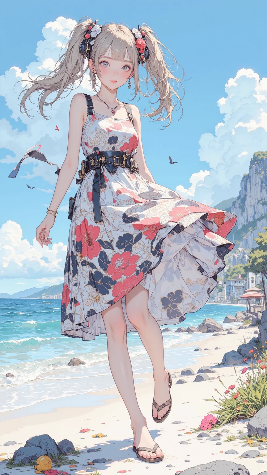 A big beauty on holiday by the sea,Front face white skirt,hyper HD