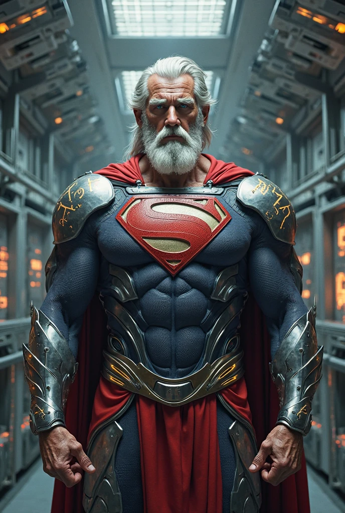 painted standup portrait of beefy older superman in white, white hair, white beard, masculine, mature, handsome, muscular, big round belly, intricate, digital painting, artstation, smooth, sharp focus, illustration