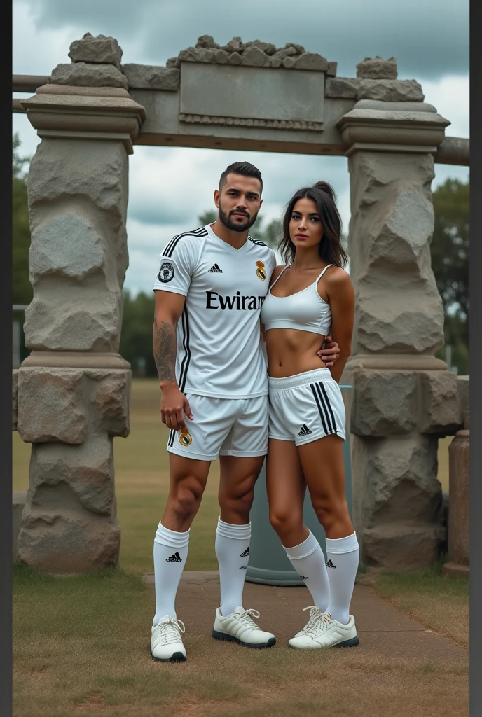 Mulher e homem Latinos, they are both 30 years old, Embraced, romantic pose, She has very long, wavy black hair, Rosto chubby lindo, corpo chubby, corpo perfeito, voluptuous curvy body, seios enormes, bunda empinada, skin oiled, Olhos detalhados, detailed hands. Ele tem cabelo preto liso undercut, rosto lindo perfeito, rosto delicado, Symmetrical face, ele tem olhos castanho claros, barba feita, boca pequena linda levemente rosada, corpo bodybuilder, he has a tattoo on his right arm. The couple is in the stands at the Santiago Bernabeu, De costas para o campo. Ele e ela usam camisa do Real Madrid, Both looking happily smiling at the camera. He is a little taller than her.