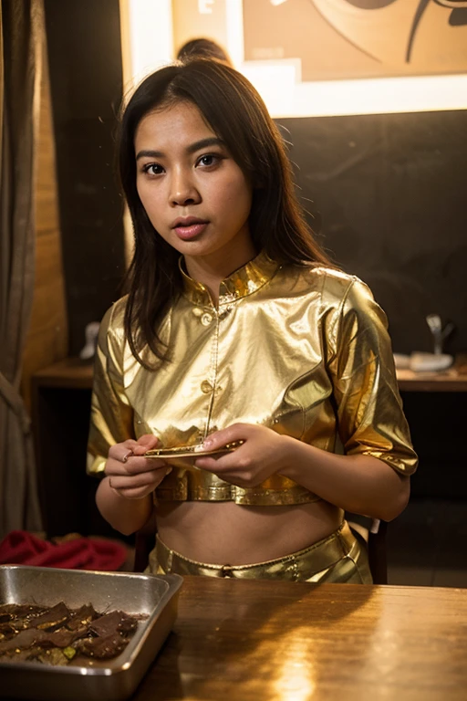 A boy who  is  celebrating his birthday in a restaurant wearing golden dress.
