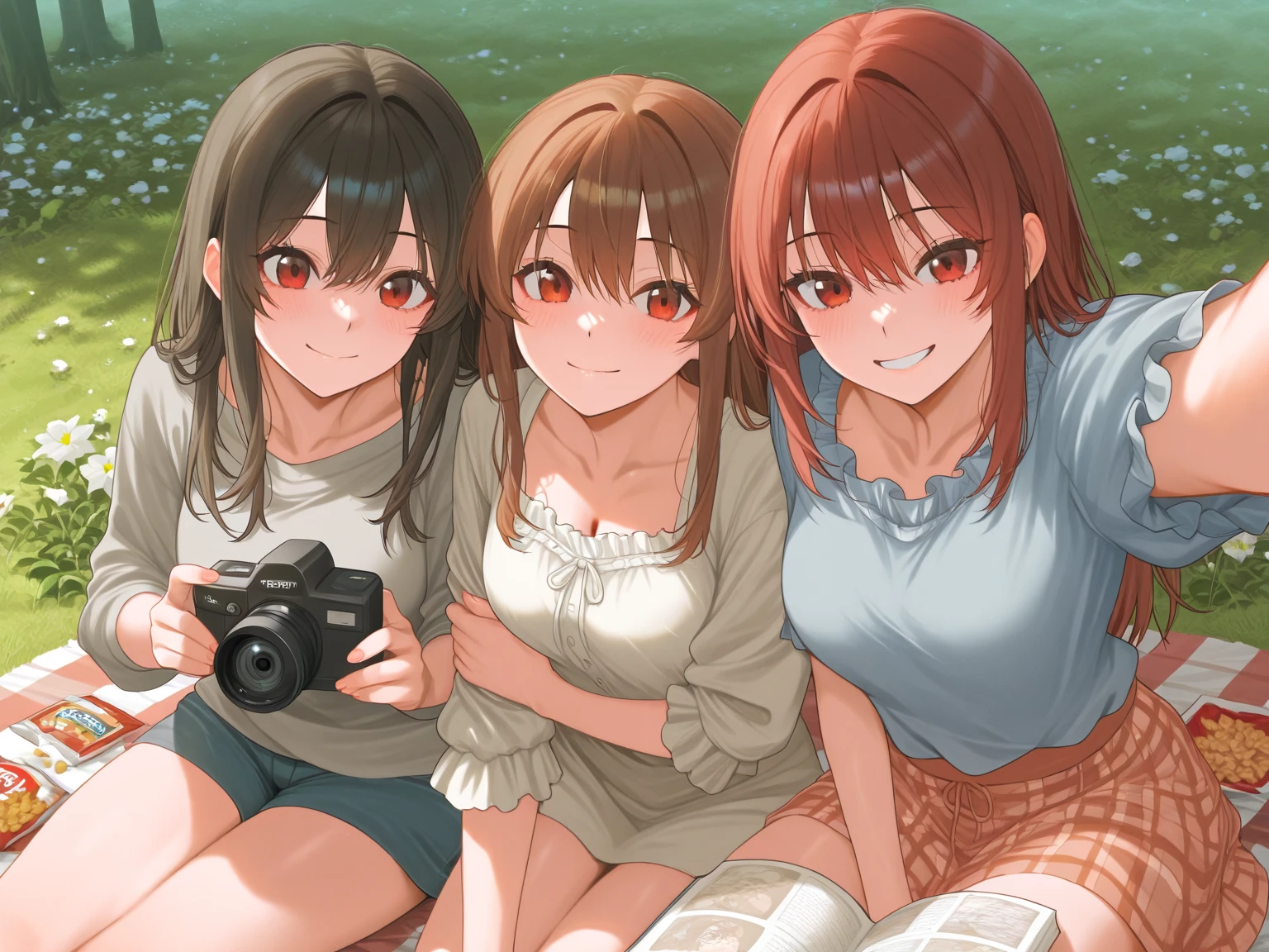 3 middle school girls in a forest taking photos in underwear, small breasts, they seem nervous