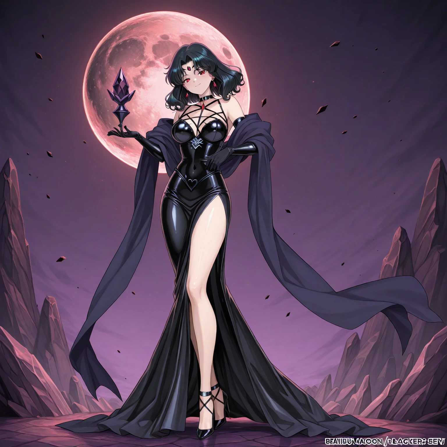 Morticia Addams, wearing black dress cleavage showing, pale white skin, black hair, beautiful detailed eyes, big round breasts, slim waist, wide hips, slim body, ; PhotoRealistic, Ultrarealistic, highres, 8k; garden behind her house, night time, bending over ass view 