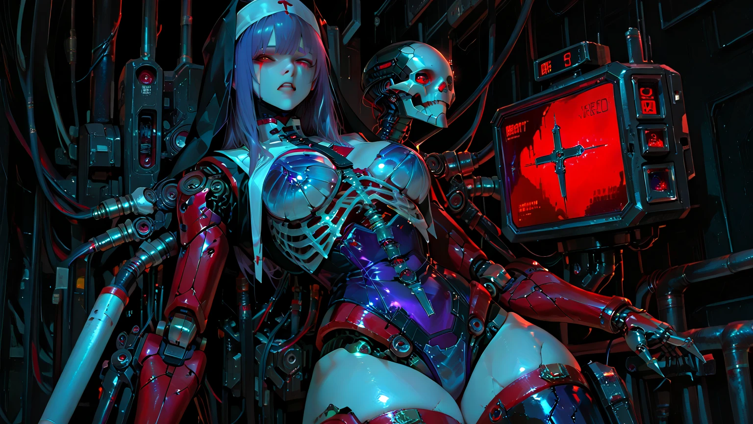 space, sitting, from above, large breasts, bonemedium hair, blue eyes, (nsfw:1.2), red slime, (sex:1.2), (vaginal:1.1), pussy juice, sweat,