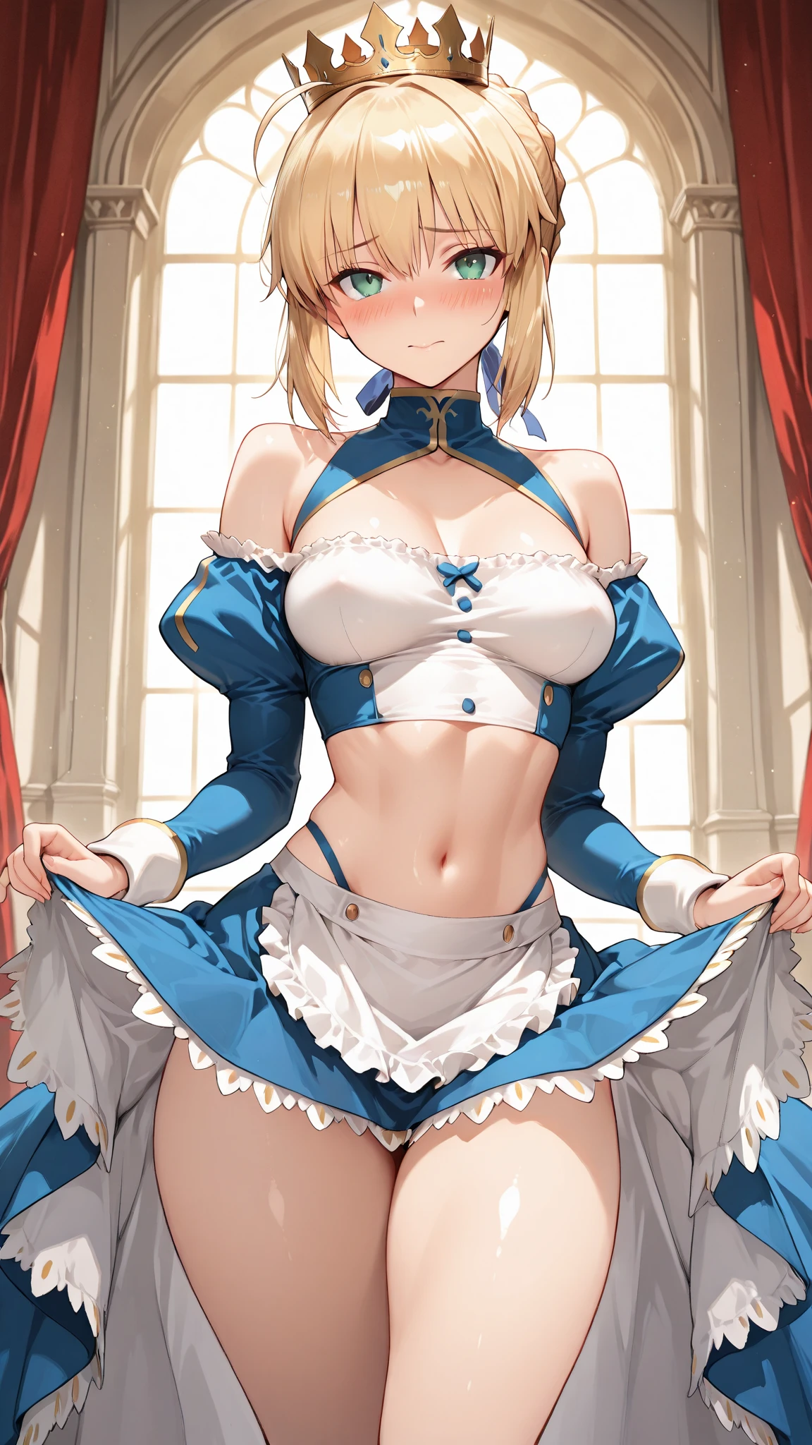 1girl, solo, masterpiece best quality, 26 year old Scandinavian woman, Short blonde hair, bun-like hairstyle, bright blue eyes, , dark blue strapless dress, corset, cleavage,  shoulders, diamond tiara, white stash, full body shot, (Background: Indoors, hallways, interior of a royal palace)
