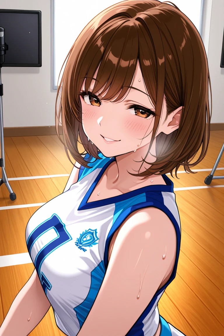 detailed illustration, dynamic angle, ultra-detailed, illustration, 1girl, 18 year old, school girl, white blouse, blue plaid skirt, cleavage, wavy brown hair, long hair, bright brown eyes, cleavage, medium breasts, dog collar, on hands and knees, kneeling, doggy style, fake dog ears, gymnasium, happy, playing, excited, loving, blushing, laughing, delight, joy, tongue out