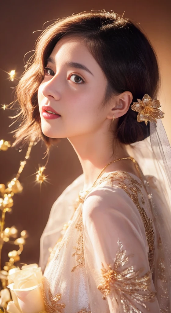 castle in the distance、face is in front、look at the camera、profile、8K、real photos、ultra high resolution, master parts, highest quality, ticker , cinematic images,nice girl、Ann、16 only、Annグロサクソン、double eyelid、droopy eyes、very big eyes、eyes are purple、dark eye shadow、lips are very thin、The tip of your nose grows beautifully...........................................、small nose,,,,, very detailed , silver hair、straight short hair、smile、 sweet expression 、)、very clear shadows , jewelry , fine eyes, Very difficult, shiny skin , パーフェクトブリリAnnト, perfect sentence, dramatic shadow、white tiara on head、Gold necklace around the neck、White aristocratic dress with gold embroidery、glass high heels、angel wings
