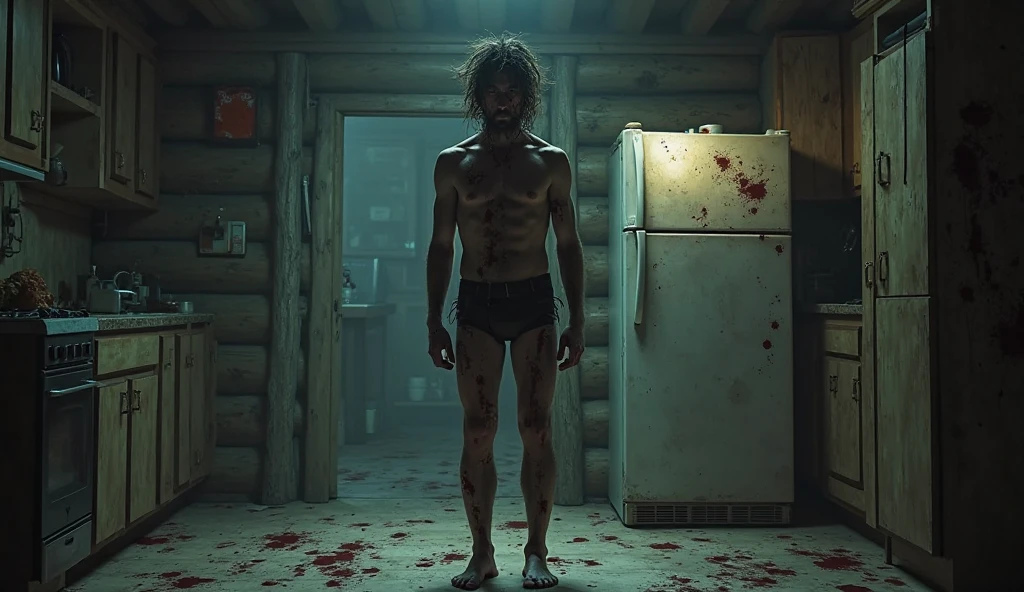 In the hallway a man with 1,80 tall, dark-haired and curly, raises an axe. The corridor is plunged into almost total darkness., with the only light source being a flickering ceiling light. Each blow of the axe against the bathroom door is a guttural boom that echoes through the enclosed space., making the wood crack and creak ominously. The sound of metal cutting through wood and the echo of falling fragments are almost deafening.. The man, with his face covered in rage and his eyes sparkling with a cruel and insatiable glow, reflecting a supernatural fury. The air is heavy and charged with a palpable tension, while the door, now almost destroyed. Fear intensifies with each blow, as the inevitable bathroom showdown becomes ever more imminent