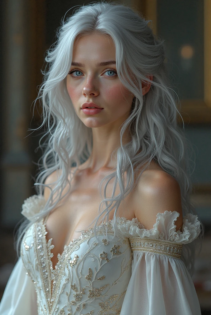 tall woman, silver hair, gold eyes, White skin, big breasts, huge butt, elegantCrystal Hair, breasts, big breasts, Crystal earrings, naughty face, mischievous, satisfied smile, hard look, High resolution, High resolution, anatomically correct, masterpiece, necessary, Awarded many times, The best quality, quality, Very detailed, high quality, retina, textured skin, UHD,
