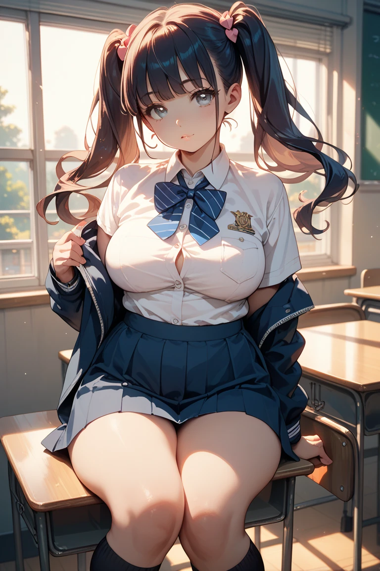 (masterpiece, highest quality, High resolution, 超High resolution, Perfect Pixel, Written boundary depth, 8k, About RTTX10.0), (One Woman:1.3), Cinema Lighting, Best Shadow, The best natural light, Cinematic, ((Smooth texture:0.75, Realistic texture:0.5, Anime CG Style)), Beautiful Anime Women, Beautiful art style, Anime characters, (One woman is lifting her skirt up by herself:1.4), ((Detailed face:1.2)), (Brown Hair, ponytail), Beautiful and big breasts, Slender body,Beautiful thighs, ((Navy Blue Blazer:1.2), White shirt, Navy blue checked skirt, Red ribbon at neck), Embarrassed smile、Troubled face, close your knees, ((Stylish light blue satin side-tie panties with lavish embellishments:1.3), (Light blue with white lace panties)), Diagonal side angle, Dynamic Angle, Sexy pose、Perfect Anatomy, Exact number of arms, Exact number of hands, Exact number of legs、(School classroom, Many people in the background々:1.3), Manga Design