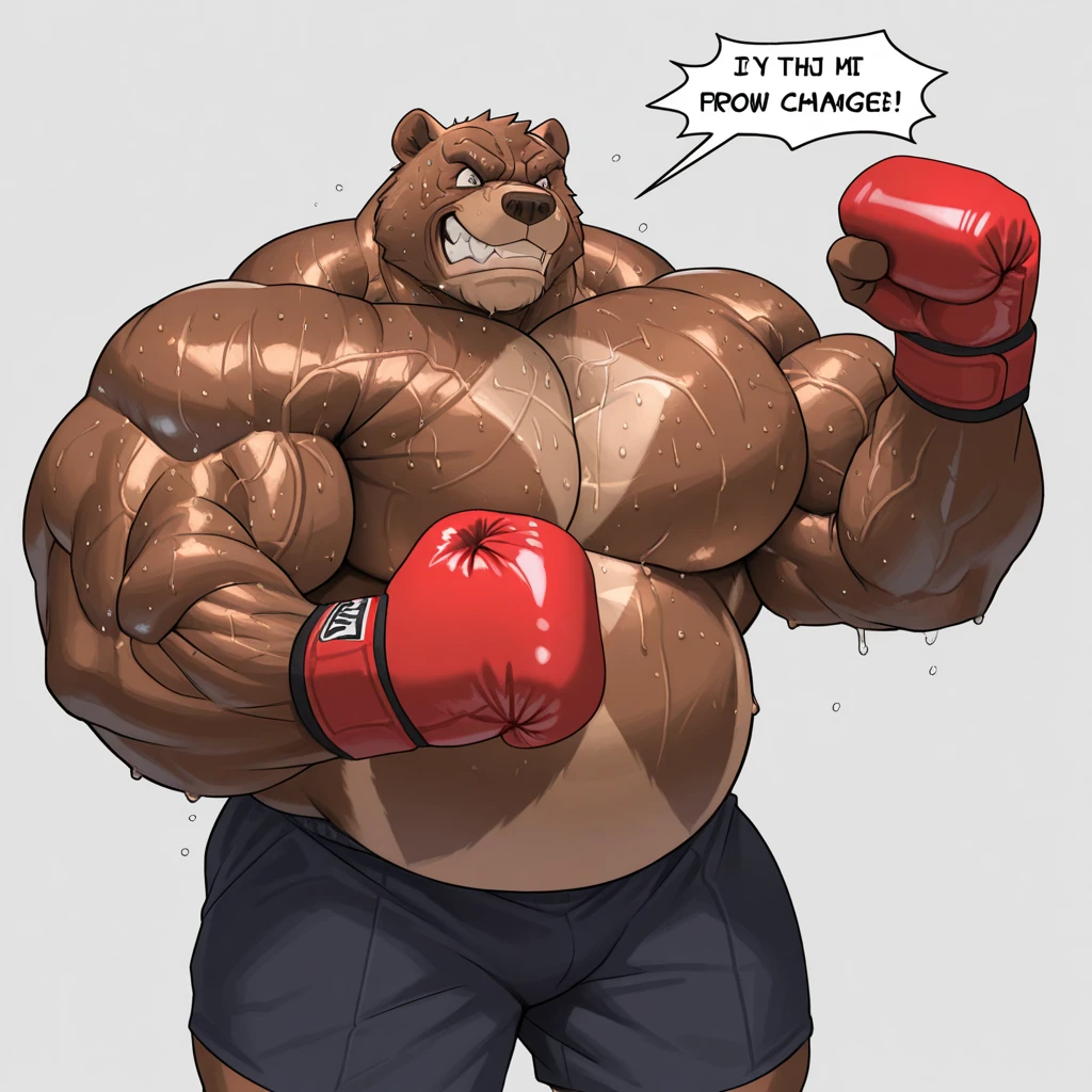 ((solo)), (anthro:1.2) bear (lora; baloo), adult, (athletic:1.4), (dense muscles), (super strong:1.4), (correct anatomy:1.2), (broad shoulders:1.2), (heavy build, massive body:1.6), (realistic fur, detailed brown fur texture:1.3), kickboxing martial arts tournament background (corner of the kickboxing MMA ring:1.6), photorealistic, (black compression shorts), (bare torso:1.4), (footwear:1.2), (detailed kickboxing martial arts black shorts), hyperrealistic, ultradetailed, (by wfa:1.2), (by takemoto_arashi, by vorusuarts, by Traver009:1, by grimfaust:1), natural lighting, (oiled up:1.4), ursine head (open eyes, brown mane), (sexy:1.2), ((serious smirk:1.4) expression), (flexing:1.4), (view from center:1.4)
