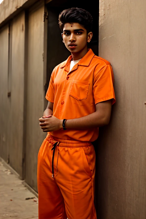 a black boy sitting in a chair in an orange prison uniform