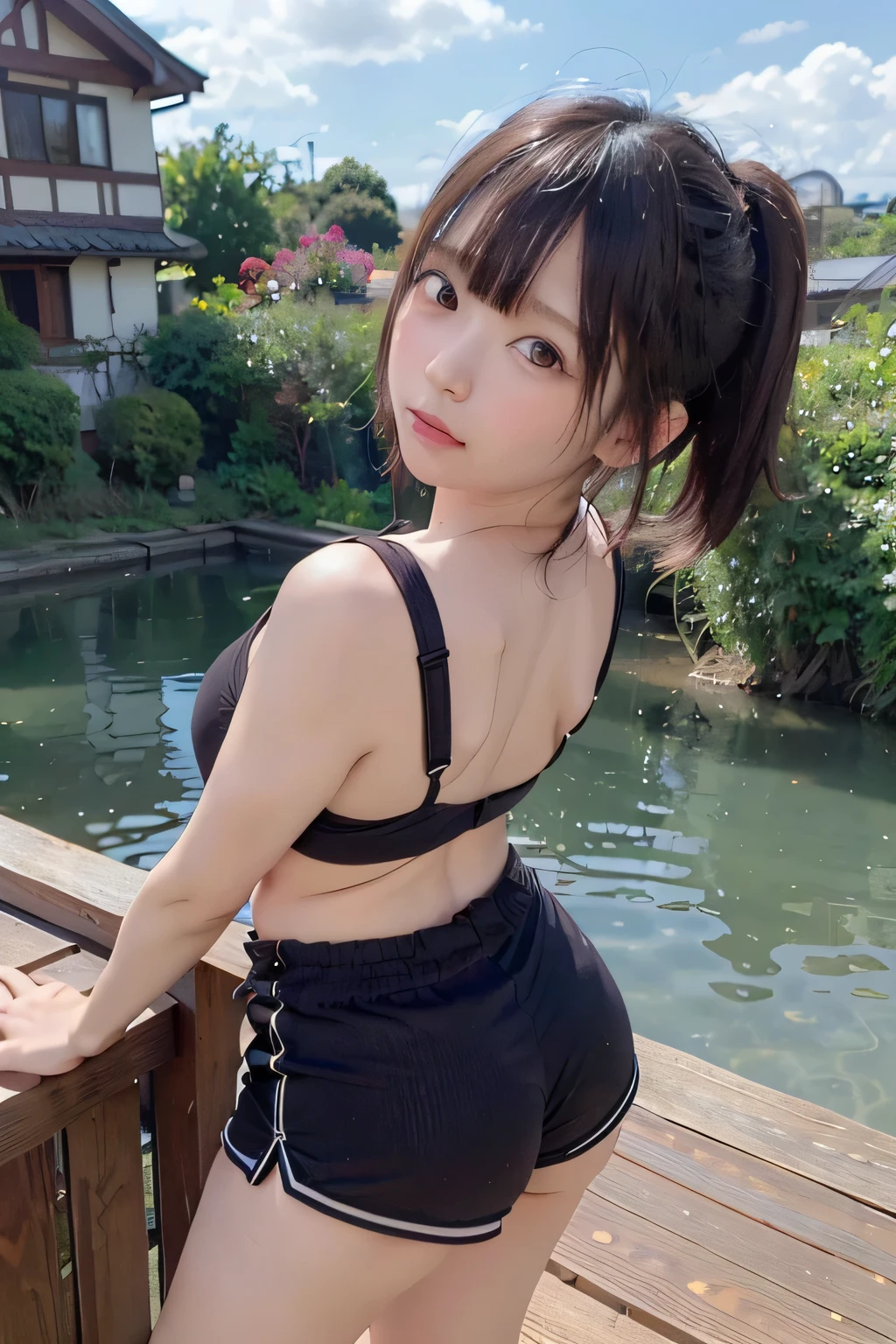 Short Hair、Highest quality, Super detailed, High resolution, 8K images), ((Knitted thong)),((Knitted bra,Side bust,Underbust)),((Show me your)), (((Stick your butt out))),((Squat with legs apart)), Fine and beautiful eyes,Perfect Proportions,(Overflowing big),(whole bodyが映る後ろからのアングル), Very beautiful and cute girl,22 years old,(anime),Kamimei,alone,Symmetric,whole body
