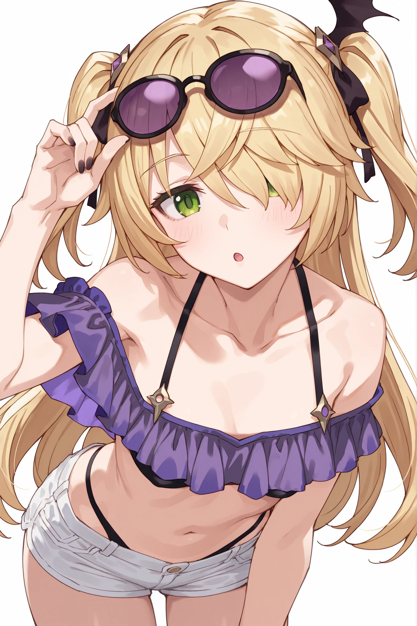 detailed, (masterpiece:1.2), (pale_skin:1.2), (solo:1.2), (female), (emphasis lines:1.3), slender, (blonde), outdoors, sky, bare shoulders, collarbone, bracelets, (adult:1.3), (micro_bikini_bra), navel, skirts, hat, purple eyes