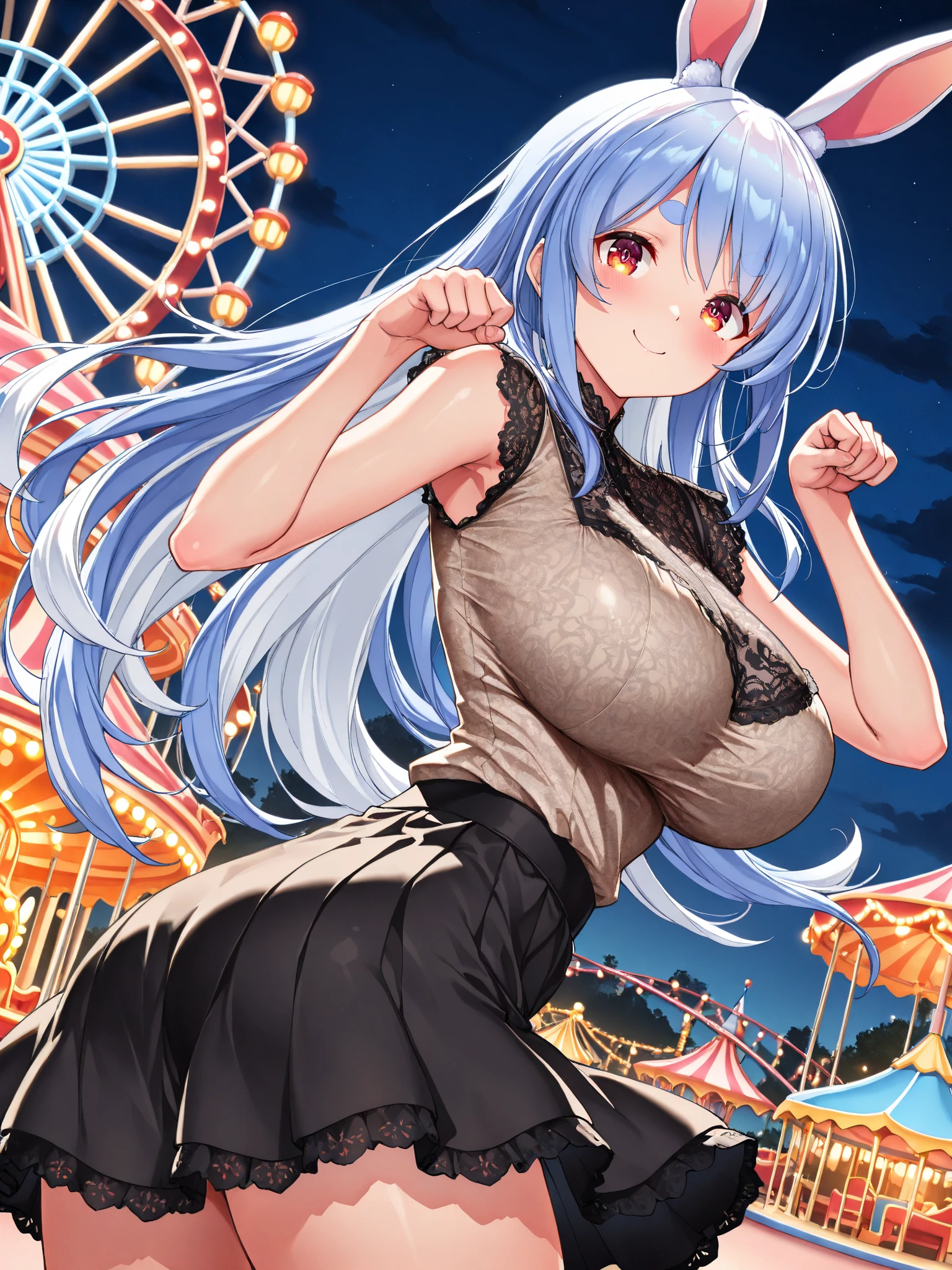 nsfw, nude, naked, 1girl, large breasts, nipple. empty eyes,,shizu murasame, long hair, blue eyes, black hair, sidelocks, hime cut, bangs, blunt bangs,,, 16 years old、 crying 、whole body, amusement park、