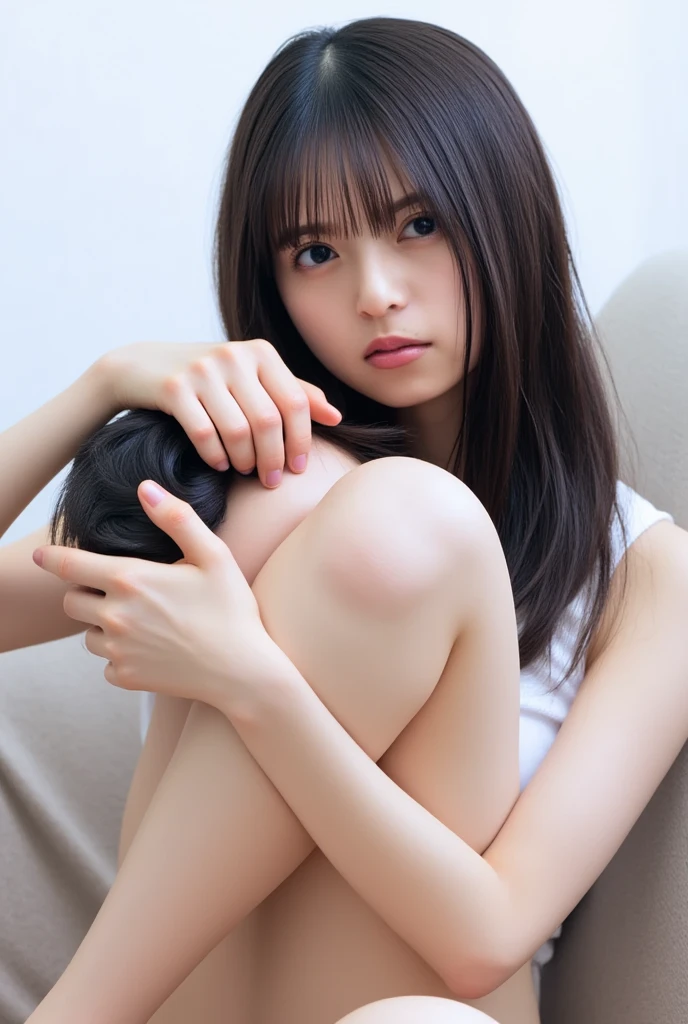 nsfw:1.5, (a girl having cowgirl-style hard sex with one guy, Woman straddling a man, vaginal sex, full body shot, a guy out of frame, long straight hair:1.5), 8K, masutepiece, Raw photo, Best Quality, Photorealistic, Highly detailed CG Unity 8k wallpaper, depth of fields, Cinematic Light, Lens Flare, Ray tracing, (Extremely beautiful face, Beautiful lips, Beautiful eyes), intricate detail face, ((Ultra detailed skin)) 1girl in, In the Dark, deepshadow, Pretty Korean girl, Kpop Idol, 1 girl, (Blurred background),(No people in the background:1.3), Clear eyes, (pale skin), (Big eyes), (bangs, Brown hairs), (Full body shot:1.4), ((Nude:1.3)), (despairing face,whimpering face, sobbing face, Sad face, unhappy face, Crying face,Unhappy face:1.4), small breasts, Before the eyebrows, on a bed, Semen overflowing from the vagina:1.4