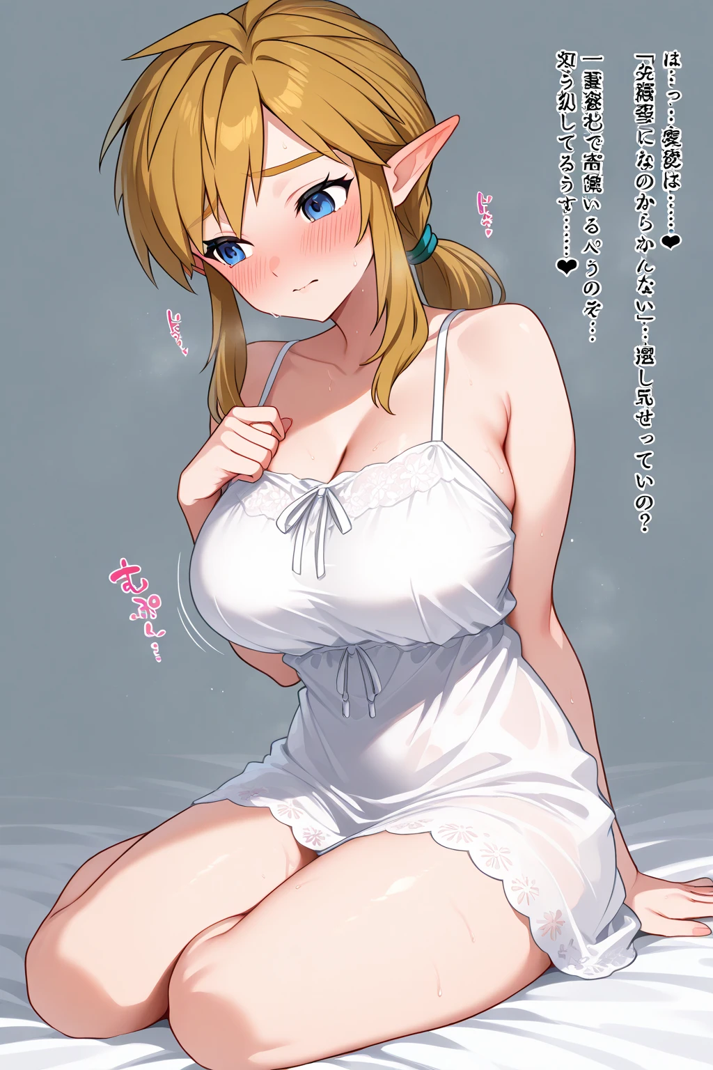 One Girl, alone, Highschool, blue eyes, Blonde, Side Ponytail, Blue Scrunchie,, During pregnancy女性、, 白い cat paw gloves 、White knee-high socks、slim, Huge breasts 、During pregnancy、Hands touching the belly、slimな、cat lingerie, choker, Neck bell