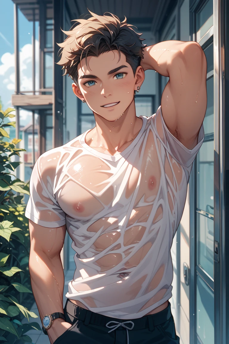 Slim boy, sexy body, pretty and delicate face, short brown hair, pink cheeks, delicate lips, pink nipples, blue eyes, scared expression. He is wearing white panties, holding a brown teddy bear, standing in the bedroom doorway at night.
