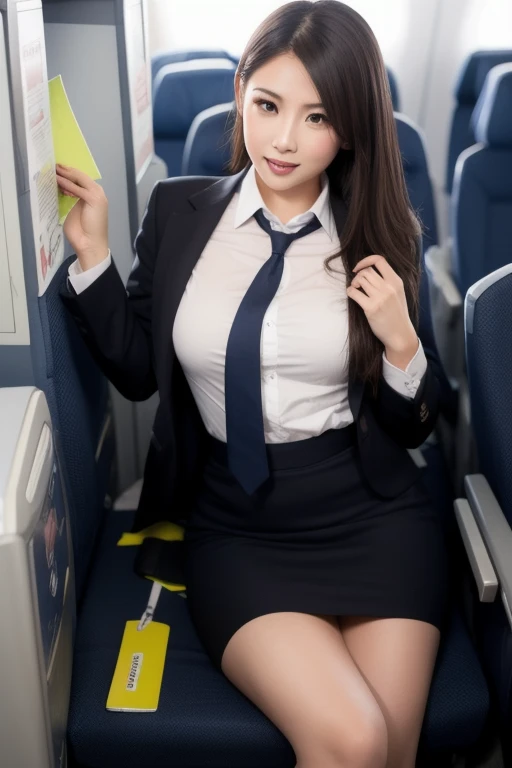 ((masterpiece、highest quality))、Detailed face、Very sexy beautiful woman、A uniquely beautiful and intelligent woman、(Stewardess Uniform:1.2)、Perfect beautiful female legs、Big Breasts、big hips、depth、1 girl、Synmatic Lighting、High heels、Sexy Woman、Sexy legs、Pay attention to the beautiful legs、Attractive beautiful legs、セクシーなHigh heels、(Business class cabin on airplane:1.2)、Sexy sitting with legs open、Sitting on a low chair、Healthy legs、Sexy Pantyhose、Thin black pantyhose、smile、Healthy firm thighs、Tight ankles、High heelsのつま先まで見える、Perfect beautiful human female legs、