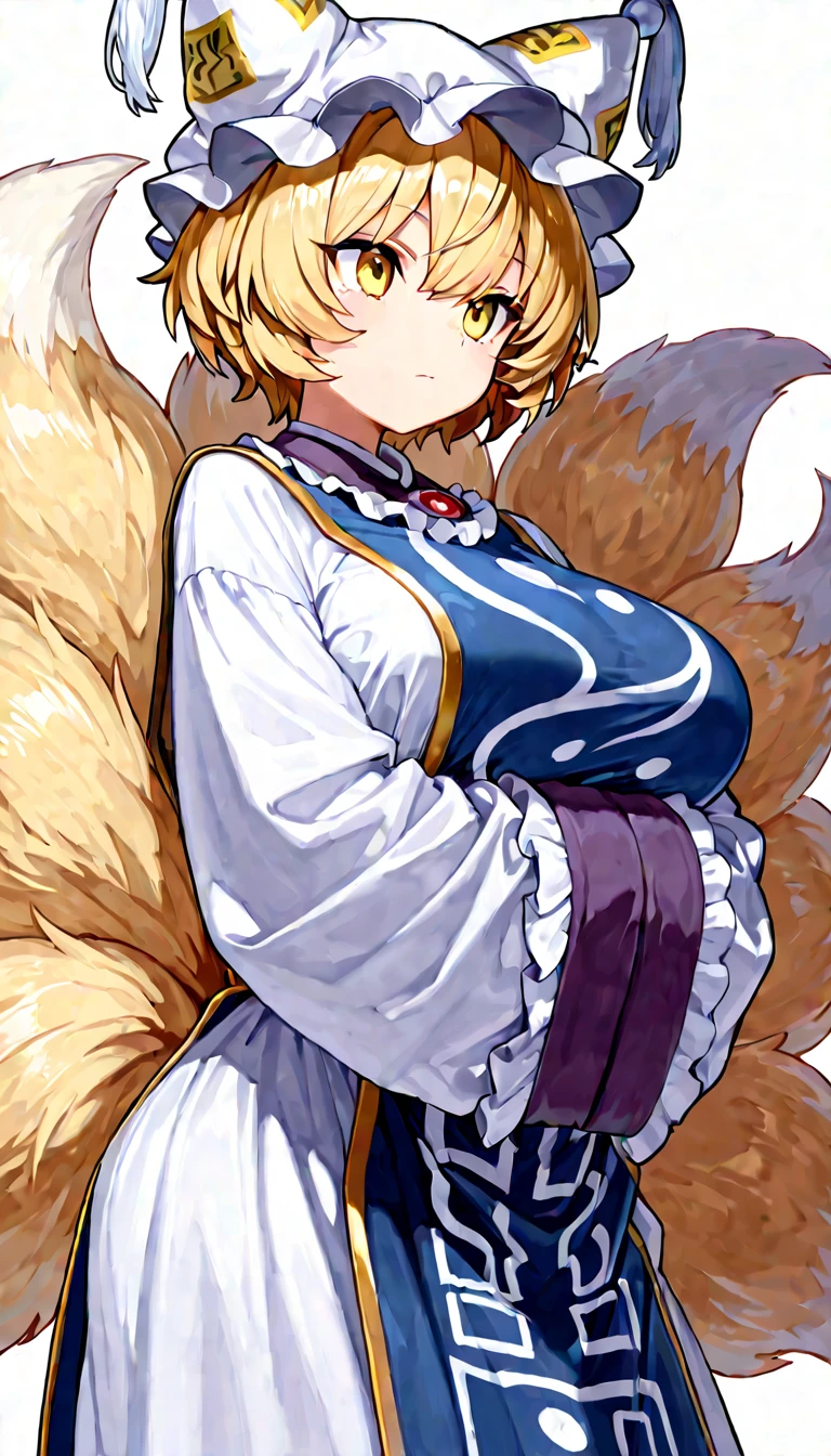 1girl, solo,(((yakumo ran \(touhou\) ))),((furry,anhtro,fox,fox ears,orange fur,short hair, blonde hair, yellow eyes, fox ears, fox tail, multiple tails)),(detailed fluffy fur, ultra detailed eyes),nsfw, blush, steam,grin, (best quality), (masterpiece), (highres), original, extremely detailed 8K wallpaper, (an extremely delicate), ((upload on e621,by cervina7,by 68)),(plump,curvy,huge breasts,thick thight,wide hips,twitching,motion lines,<3),((,collar,transformation,transfur,indoor,bar,hand on own chin,white headwear, mob cap, animal hat, white dress, frilled dress, long sleeves, wide sleeves, tabard))