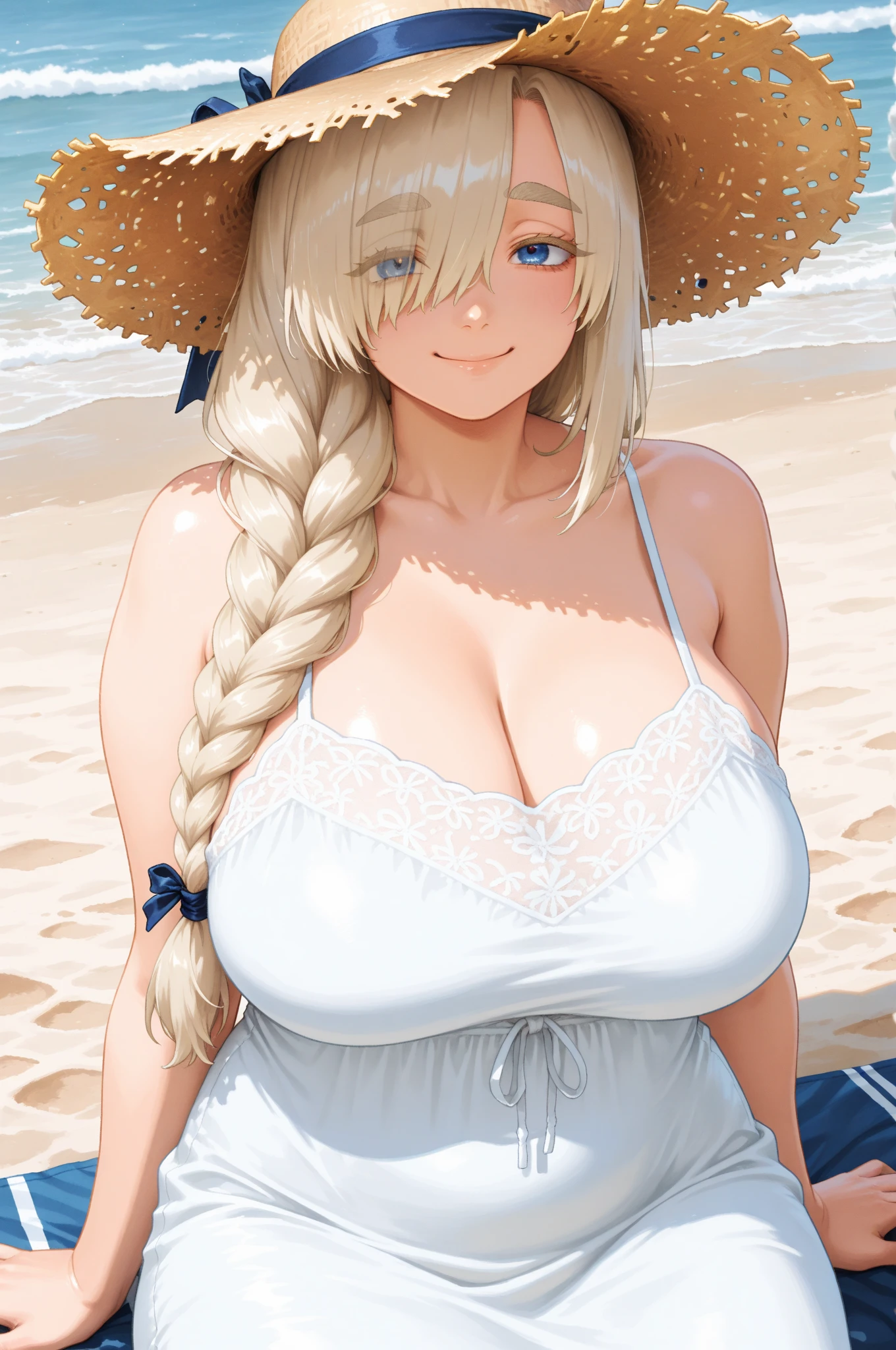 large breasted female wearing white micro bikini on beach with sheer sleeves, wearing large white sunhat, solo, alone, (SOLO)(ALONE) wet water on body, busty, curvy, showing cleavage, laying down with legs spread