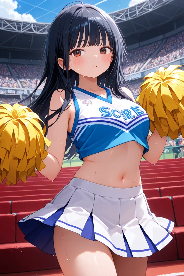 （Cheerleader with a big pom-pom:1.3）、(stadio:1.5)、(tiny chest:1.4)、Raw photography, top-quality, hight resolution, (​masterpiece), (Photorealsitic:1.4), animesque, foco nítido, nffsw, 8K分辨率, intricate detailes, depth of fields, the Extremely Detailed CG Unity 8K Wallpapers, front lit, girl with, Smile、(A slender:1.3)、(shot from top:1.5)、Wear a baseball cap on your head、see -through、Squatting、Show panties