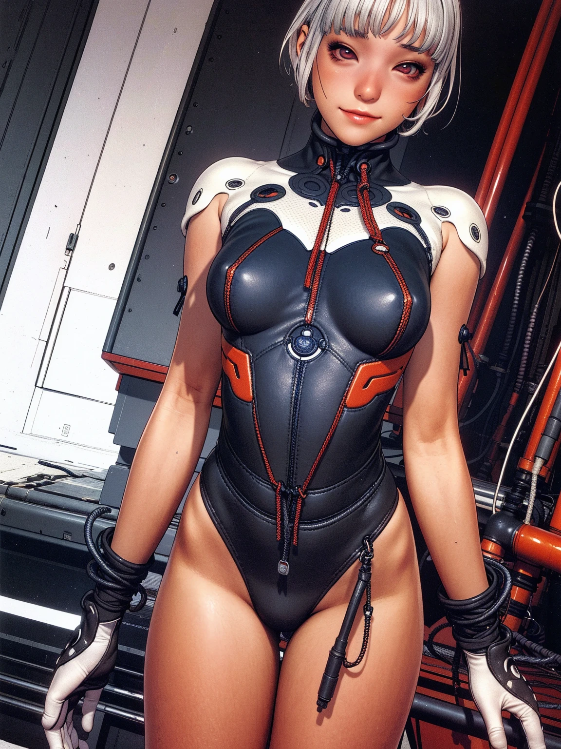 (A woman),(((A female member of the Future Force stands))),((Silver tactical high leg bodysuit:1.5)),((earphone:1.5)),((Tactical Holster:1.5)),(Gloves:1.5),(Serious:1.5),(Super short hair:1.5),(beautiful eyes:1.3),(Very detailedな顔:1.5),((Very detailed drawing of a female hand:1.5)),(((muscular:1.5))),((Sexy appearance:1.5)),((Thick thighs:1.5)),(Beautiful Body:1.5),((Very sensual:1.5)),(The backdrop is a futuristic city:1.5),(Cyberpunk atmosphere:1.5),(((Blurred Background:1.5))),(Written border depth:1.5),rest(((masterpiece:1.5),(best quality:1.5),(Very detailed:1.5),(high resolution:1.5),(Practical:1.5),(Practical:1.5),(Delicate depiction),(Carefully drawn))),8k,wallpaper, (((camel toe1.5))),(from below:1.2)