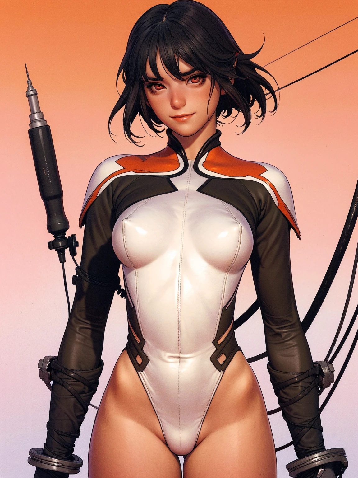 (((hooded cloak))), (((red suit))), (((back view))), (((perfect ass))), ((( soldier suit ))), (((Black short haircut))), (((Afro girl))), ((high collar)), (((red army suit))), (((best qualityer: 1.4))), (Unbeatable masterpiece), (hiper HD),(CG 8k hyper-realistic), (((brave face))), (((breasts big))), (((hyper feminine))), sexly girl, ((( sculptural body ))), (((1 Kizi))), Kizi cibernética de 25 anos com perfectbody,,Beautiful and well-groomed face,muscular body:1.2,solid color detailed jacket, (Head to thigh photos)， Complex equipment, green dark，Long pants，Tight clothes are dark，With white stars and off-white stripes,,,,,Armor Metal Electronic Parts, Poison tattoos ) INFO, Kizi, (((standing alone))), pirralha violent, ((())), sexly, pose de atitude, work of art, post-apocalypse, (((manga style))), bounty hunter, violent, Manic, the way you want, slenderbody, thin but strong, perfectbody, roupa moderna, advanced technology, neon, sleeves with vertical striped pattern, neutral background, (( cowboy shot )). intricate visual