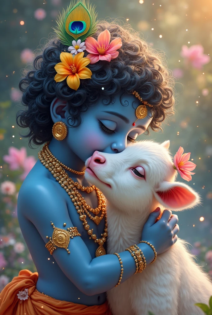 Realistic newly born lord krishna wearing beautifull clothes and all his accesories and is in hands of a 5'10 and skinny boy with clean shave face and brown skin colour wearing a jordan logo printed in front yellow hoodie and black cargo jeans and nike shoes (both are surrounded by baby cows) (beautiful) (flowers on ground)