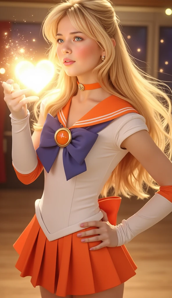 masterpiece, highest quality, High resolution, venus1, 1 girl, alone, Sailor Senshi Uniform, sailor venus, aino minako, blonde hair, Magical girl, blue eyes, Orange skirt, elbow bag, tiara, pleated skirt, hair ribbon, orange sailor collar, mini skirt, choker, red bow, orange choker, white gloves, very long hair, jewelry, earrings, cowboy shot, smile,