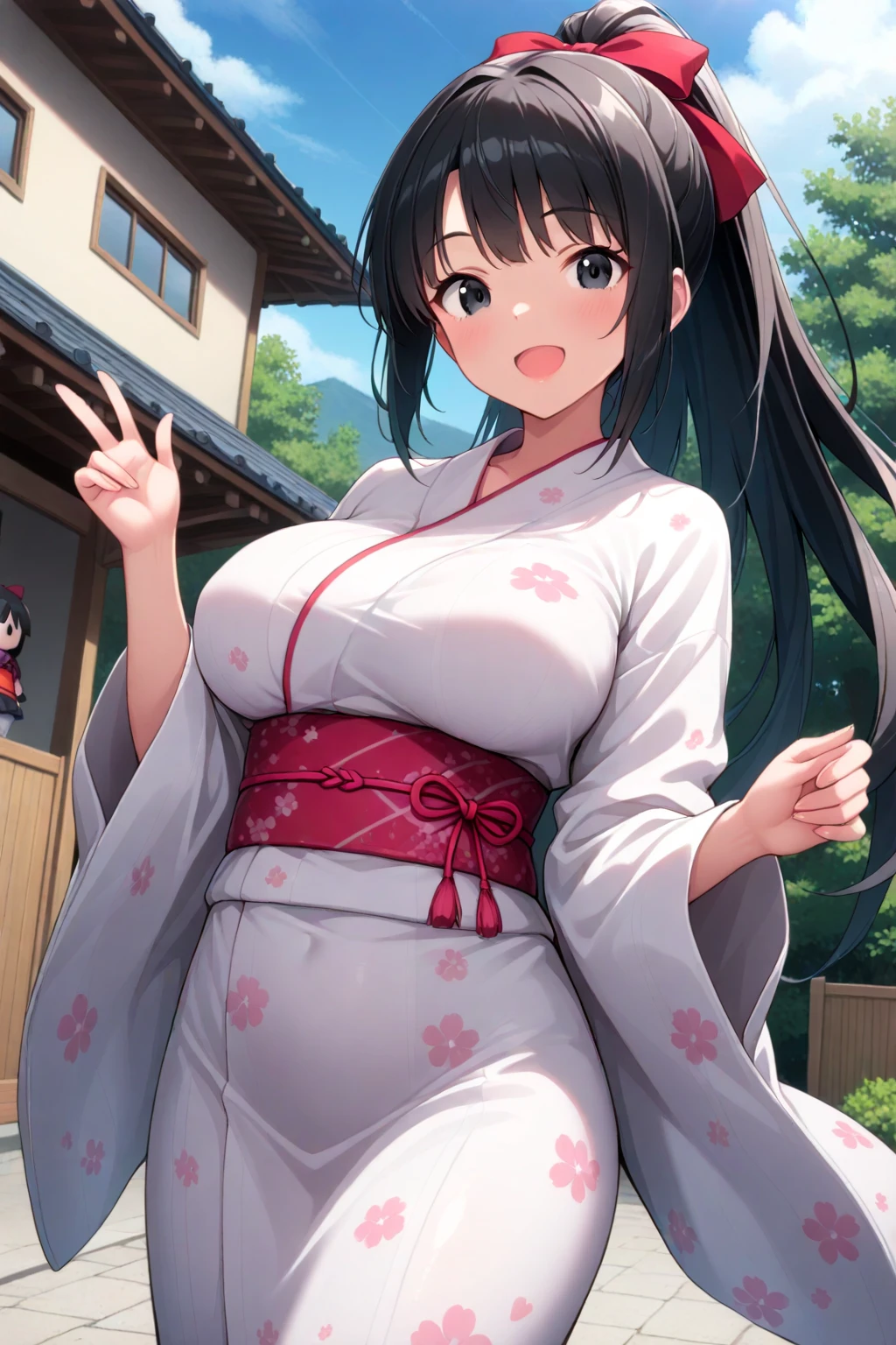 Realistic, outdoor, park, wide angle, raining, NSFW, soaking wet, 1girl, shy, POV, from above, standing, kimono, twintails