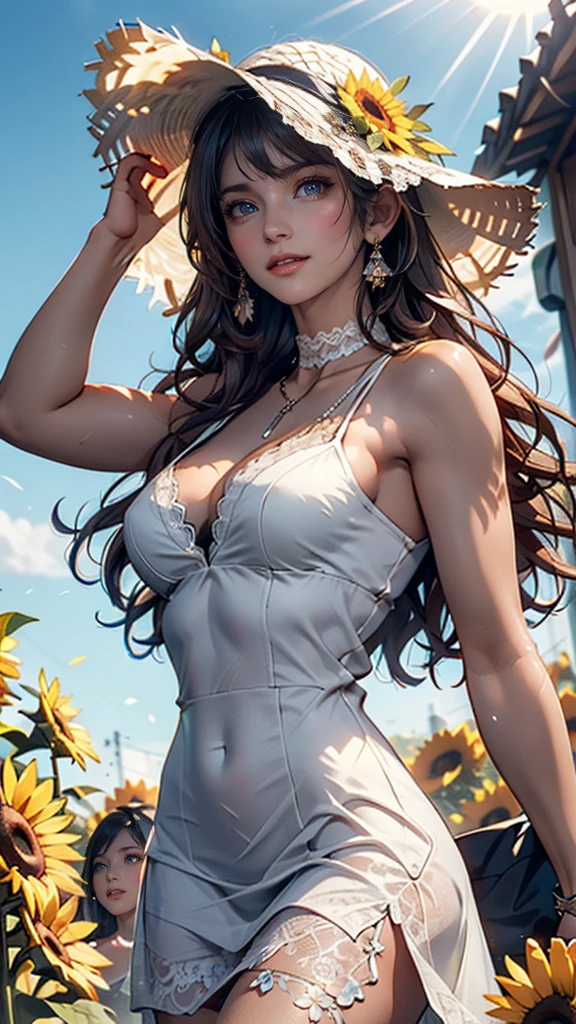 masterpiece, best quality, Stills, 1 girl, Floating in the air, cloud girl, cloud, (close up:1.1), bright, Happy, pleasure, Soft Light, (Bauhaus, shape, metallic line, Abstract:1.1)，Off-shoulder，Strapless，Skinny sexy top