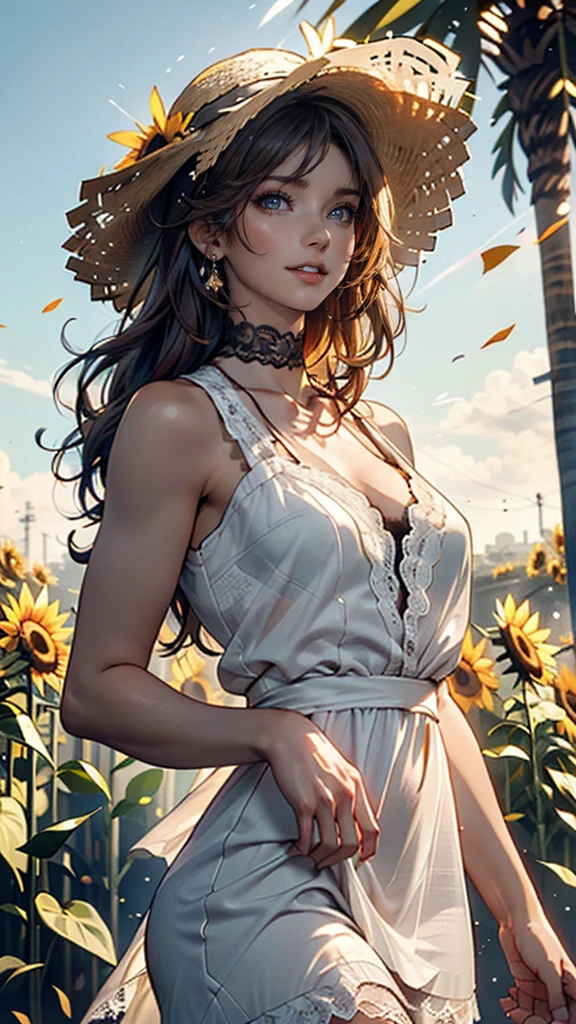 Send it,One girl,alone, (White lace dress:1.2),loose fitting dress (sun visor hat:1.2), Sunflower field, Under the sunlight, A light smile,View Viewer, Wind, dynamic, Strong light and shadow,dynamic pose,