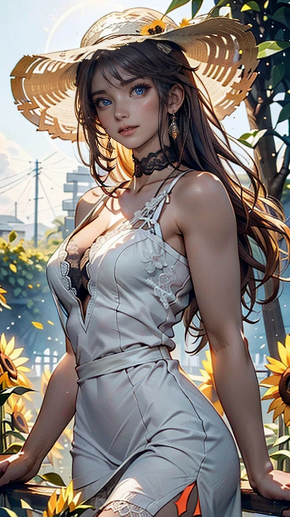 Fuwa Aika,One girl,alone, (White lace dress:1.2),loose fitting dress (sun visor hat:1.2), Sunflower field, Under the sunlight, A light smile,View your viewers, Wind, dynamic, Strong light and shadow,dynamic pose,Nipple swelling emphasis