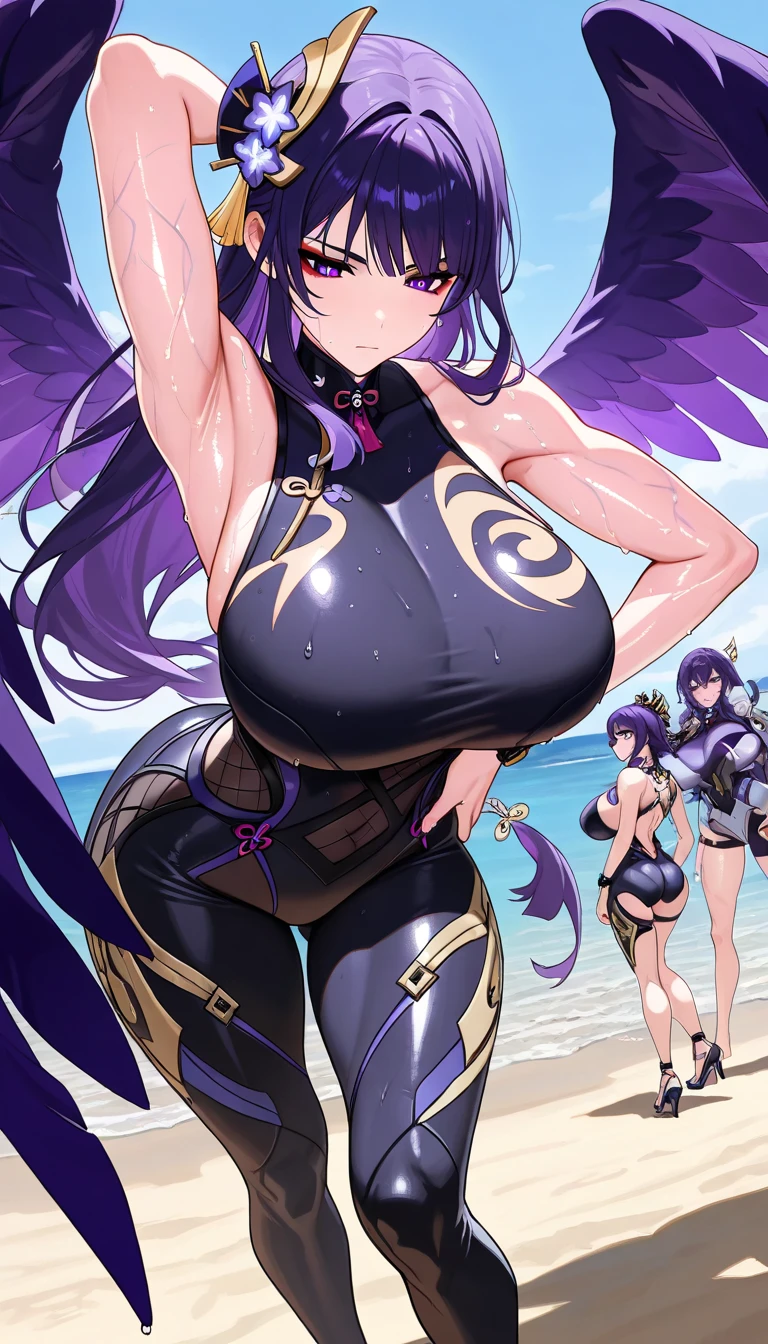 score_9, score_8_up, score_7_up, source_anime, Expressiveh, BREAK 1girl, minamotono_raikou_\(Fate\), parted bangs, purple eyes, purple hair, long hair, hime cut, forehead, arm guards, armor, belt, bikini, choker, collarbone, navel, purple bikini, stomach, swimsuit, thighs,, looking at viewer, puffy nipple, covered nipple, on beach, seaside, BREAK 1boy, (faceless male), size difference, breasts, stealth fingering, fingering, dripping, netorare, cheating\(relationship\), cowboy shot, close up, (multiple views), ass, (groping), panel rayout