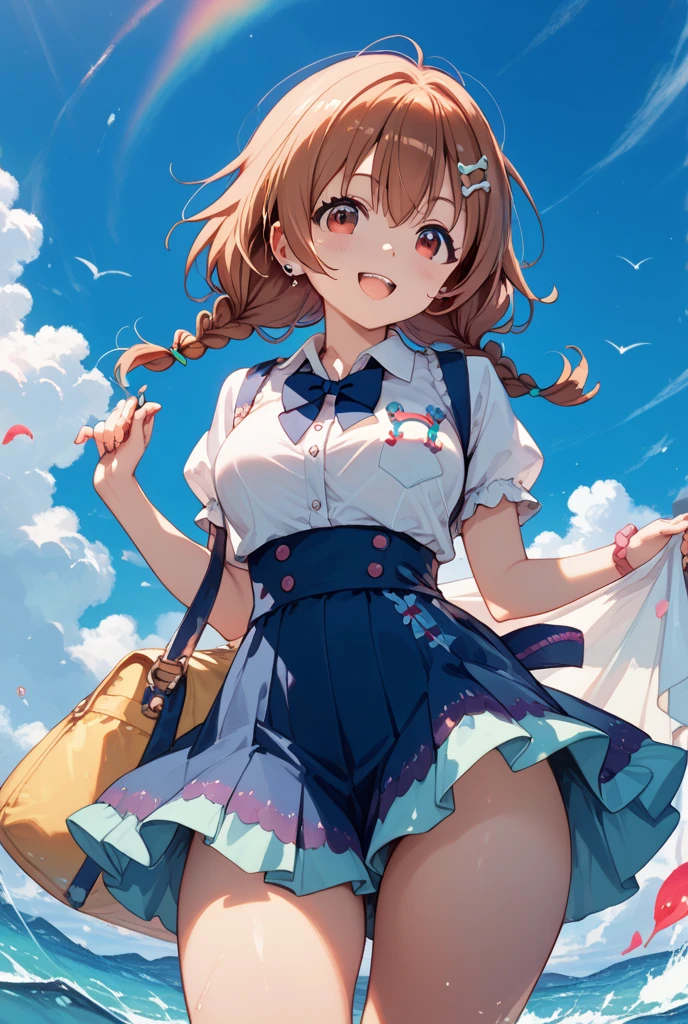 masterpiece, (realistic, photo realistic:1.2), ((highest quality), extremely fine and beautiful, beautiful face details, real human skin, realistic, photorealistic, 1girls, small girl, chibi, smile on face, cow-boy shot, (mahoushoujo:1.2), Tiny breasts, emphasis A-cup, White shirt, White underwear, (wind, wind lift, Skirt lifted by the wind, skirt rolled up by the wind, Skirt flutters:1.5), (Fully exposed panties:1.5), (white panties:1.5), (standing a:1.7),