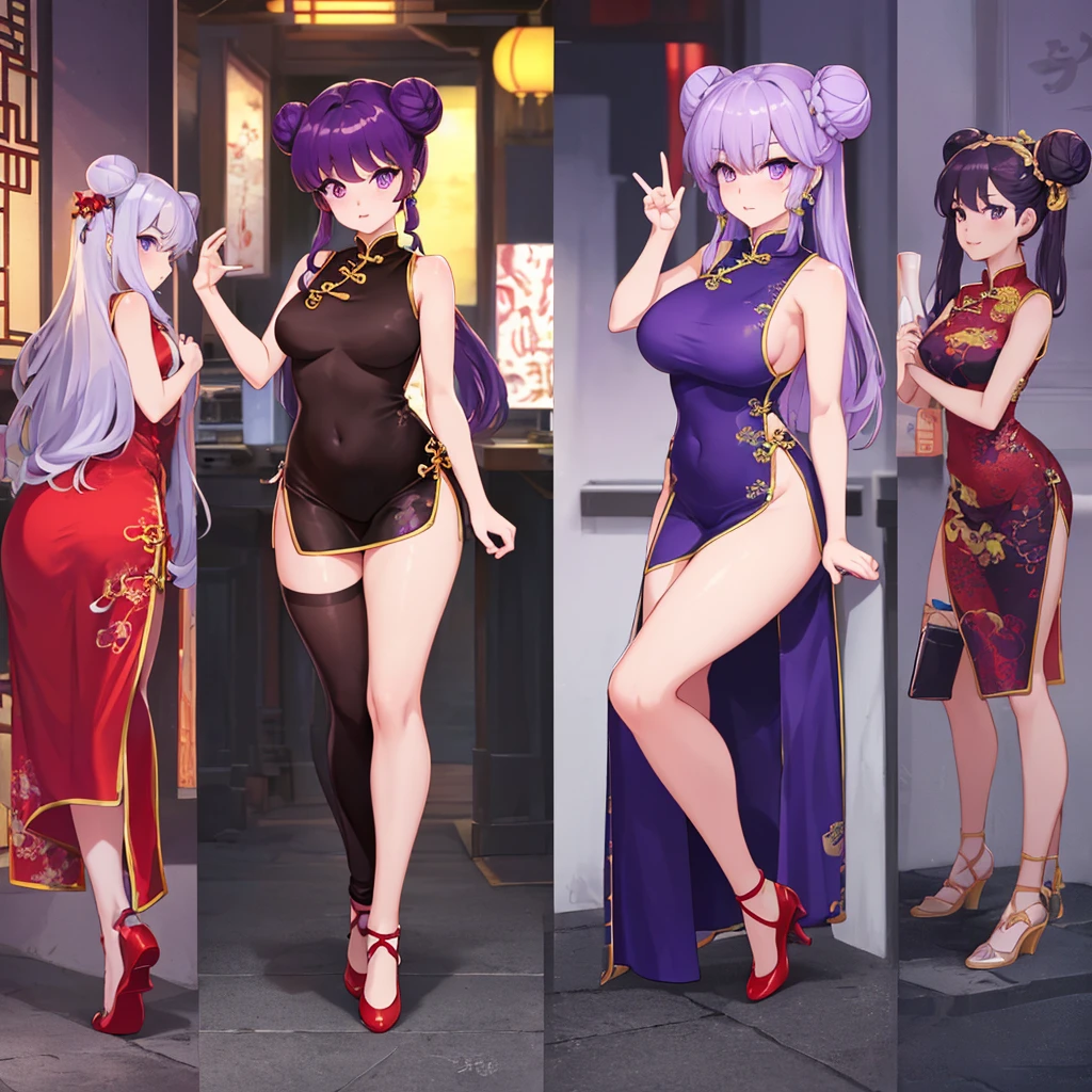 Purple cheongsam, overlooking, black hair, superlative, full body, fair skin, purple over-the-knee socks, purple high heels, standing, one foot forward
