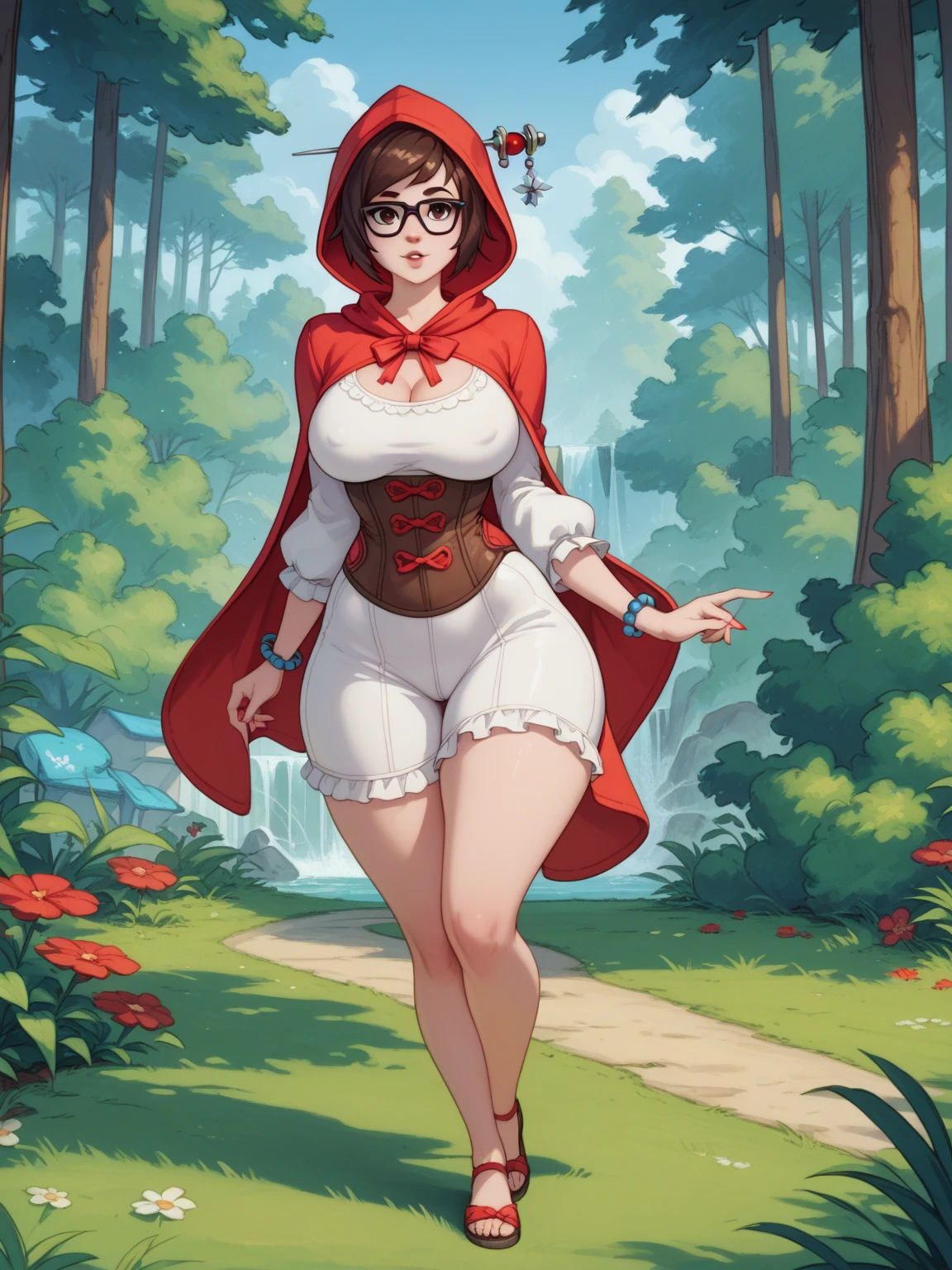 cowboy_pose,naughty, (iu:0.8),cleavage, RAW, Best quality, high resolution, Masterpiece: 1.3, Beautiful glasses pearl_skinned sexy hijabi javanese teen at mountain side magical castle in the background, Masterpiece, Soft smile,choker