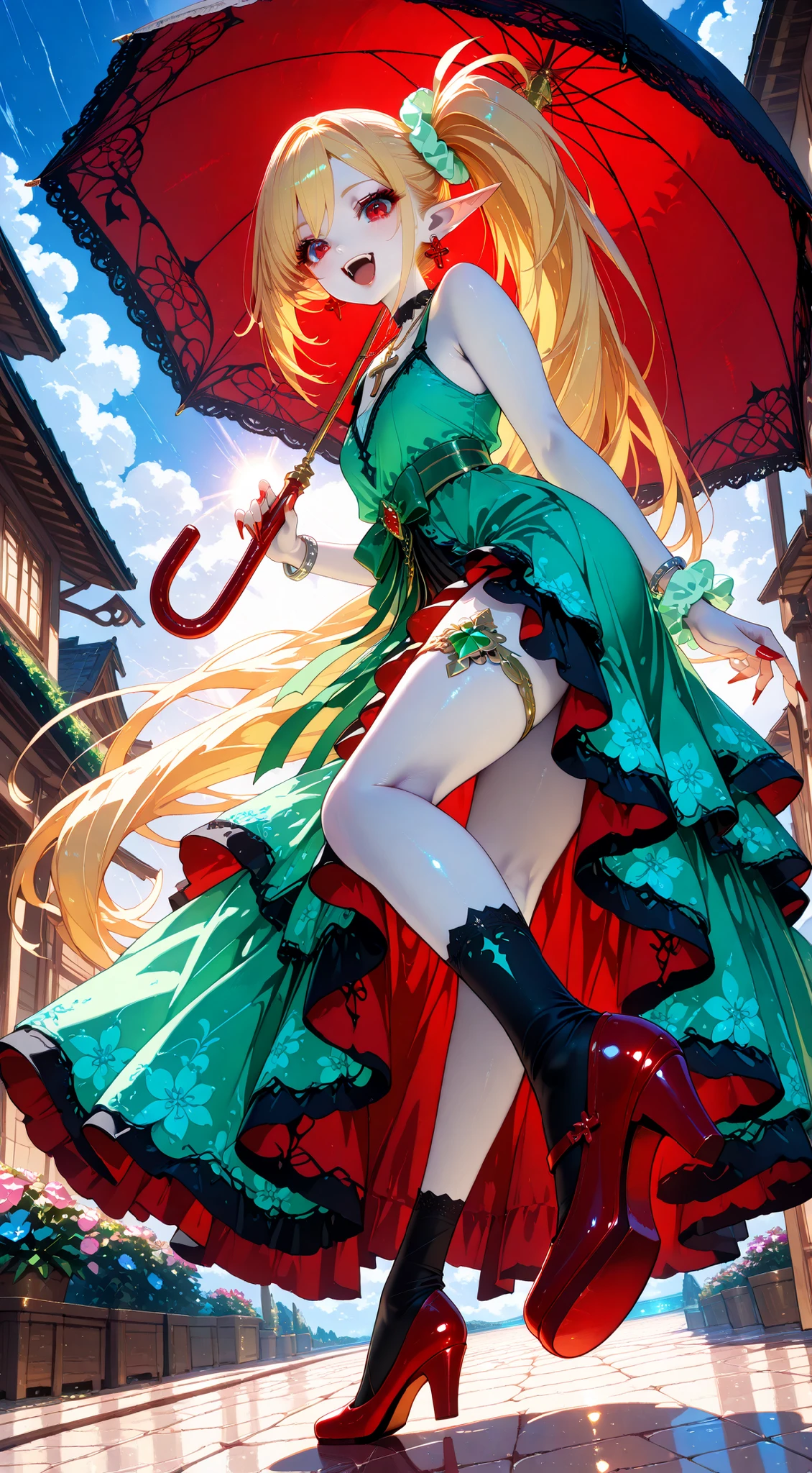 Very High resolution,cute anime-style,masterpiece,best quality,amazing quality,hyper-detailed,very aesthetic,closeup shot,from below,from side,dutch angle,Midsummer sun,A paved road along the coast,A female vampire holding a parasol,A black parasol with a floral pattern,(She is spinning around on one leg:1.2),She looks happy,Yellow hair,Long hair,Side ponytail,Very long hair,Light green scrunchie,(white skin:1.3),Red eyes,(the upper canine teeth are sharp and long vampire fangs:1.2),Dark red lipstick,Long and pointed ears like an elf,Flower earrings,A cross necklace with a green gem in the center,Curvy,A Light green V-neck dress,Sleeveless dress,Silver bracelets,A green ribbon-shaped belt,A long skirt with ruffles,A triple-layered skirt,It is edged like a wave,The skirt is fluttering with the momentum of the spinning,Beautiful legs,Red high heels,(Long and pointed nails:1.2),Red nail polish,Black socks