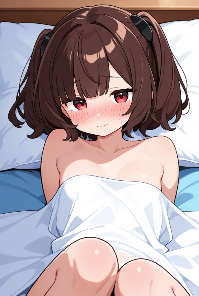 1 girl, , childish, Completely naked，open your legs，lie on the bed, , round eyes, big smile, brown hair, thick eyebrows, house background，Cumshot
