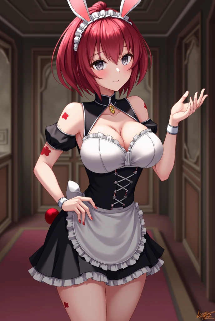 girl,huge breasts,maid,redhead,short hair,droopy eyes,smile